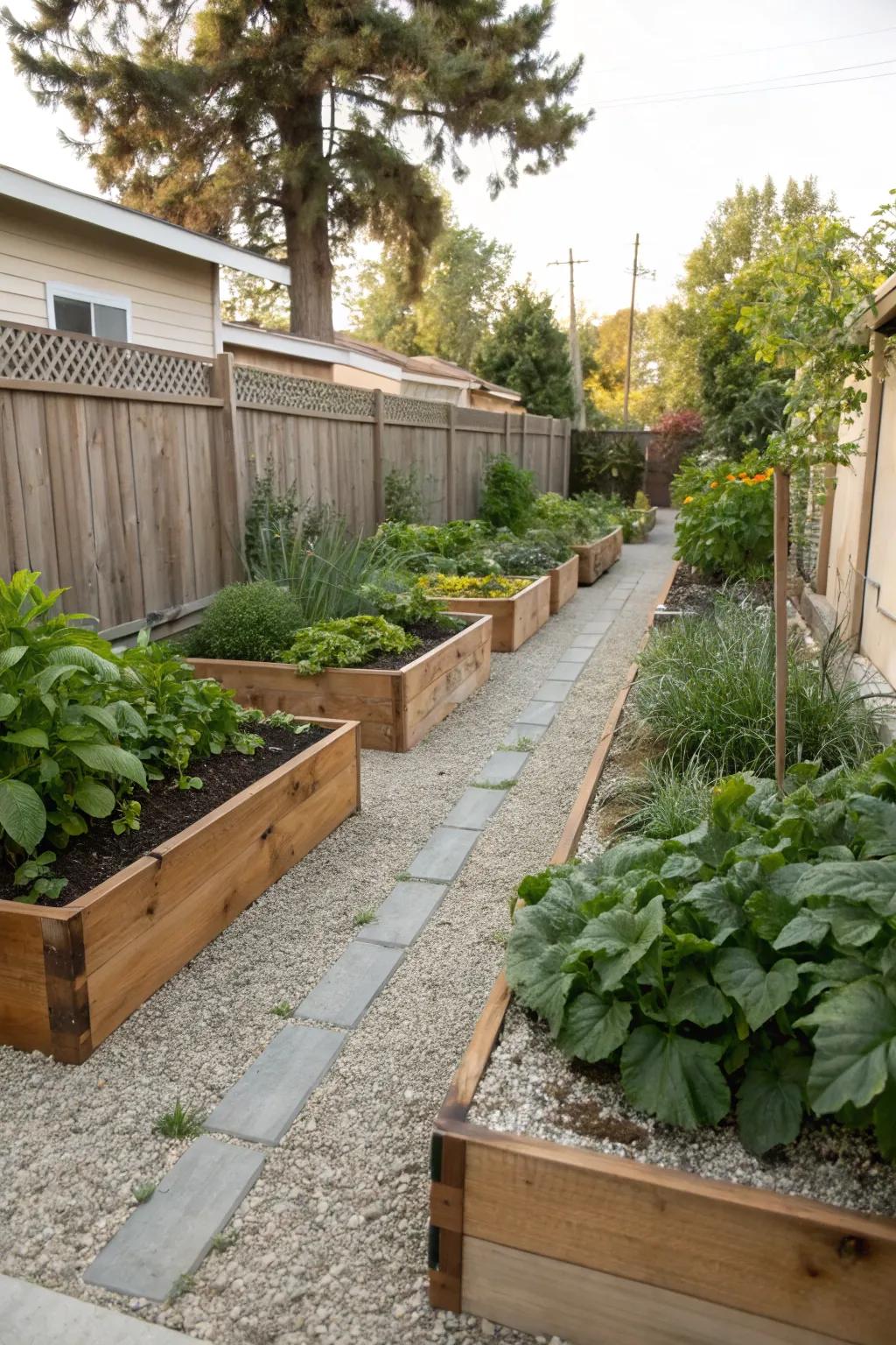 High planters framed by pebbles for a shaped garden design.
