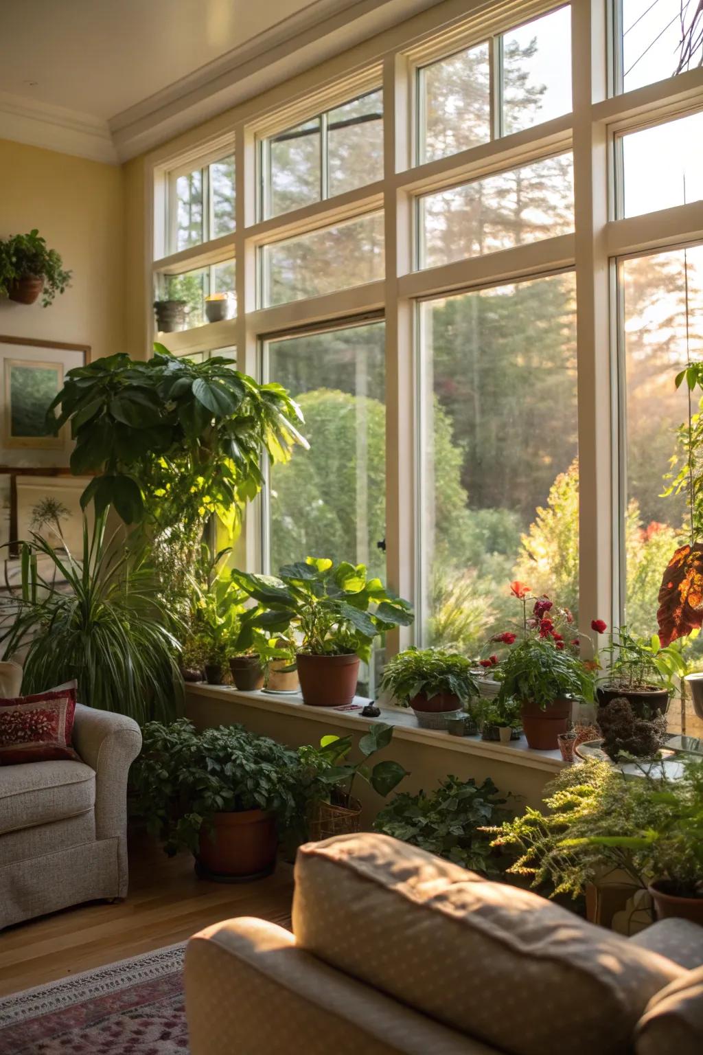 A garden window offers a vibrant spot for indoor gardening in this family room.