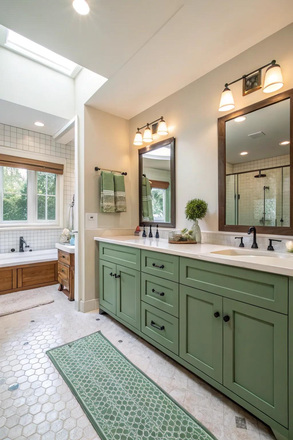 Spacious layout featuring a green vanity as a focal point.