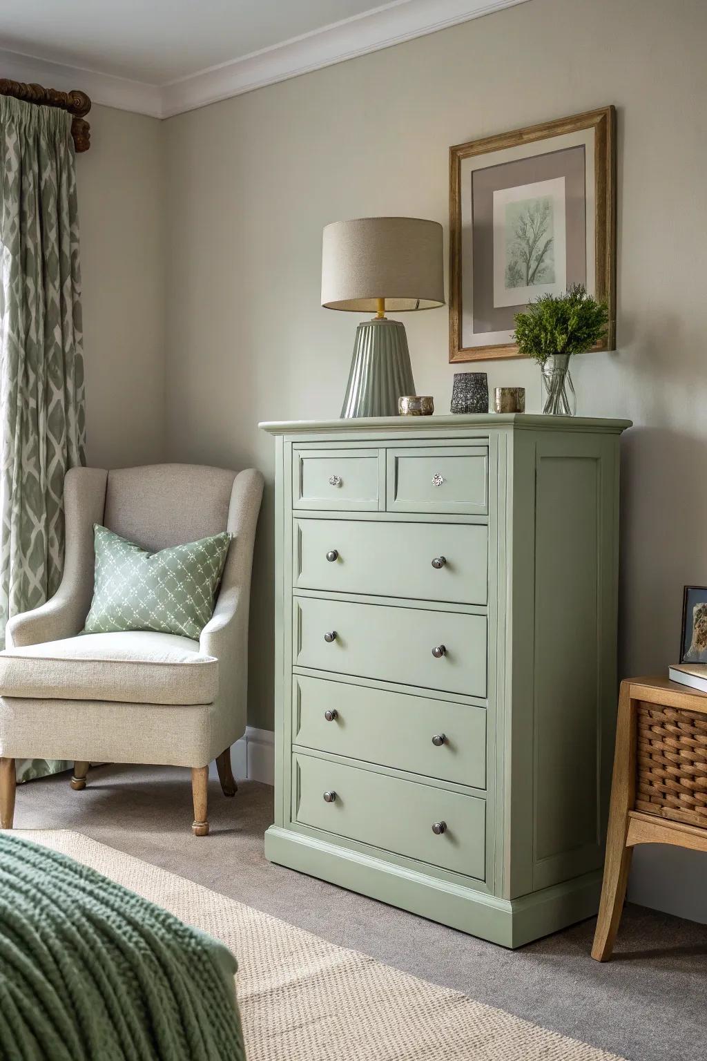 Soft green furnishings add a fresh and modern accent to the space.