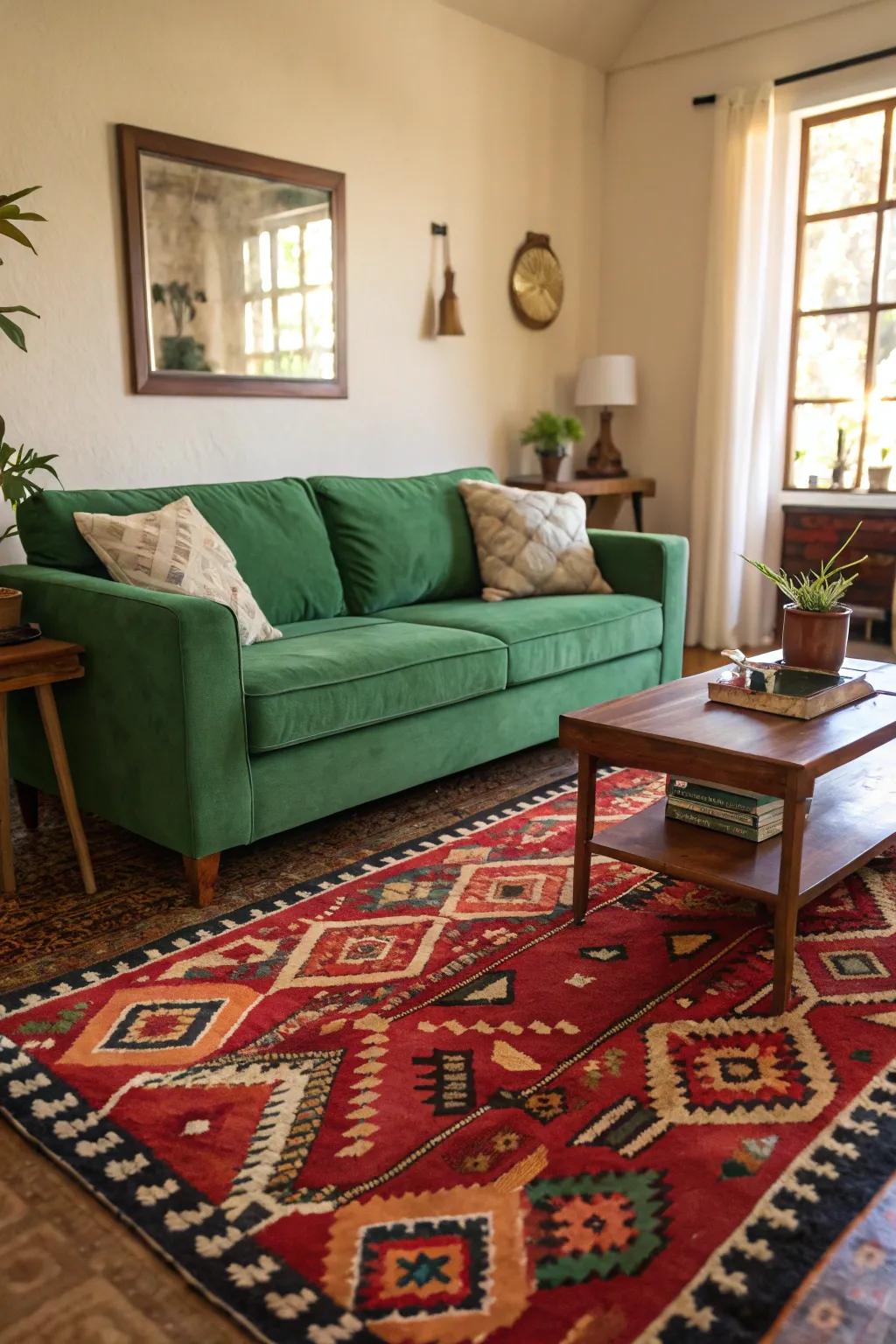 A dominant ground covering can beautifully ground a green sofa, enhancing the room's cohesiveness.