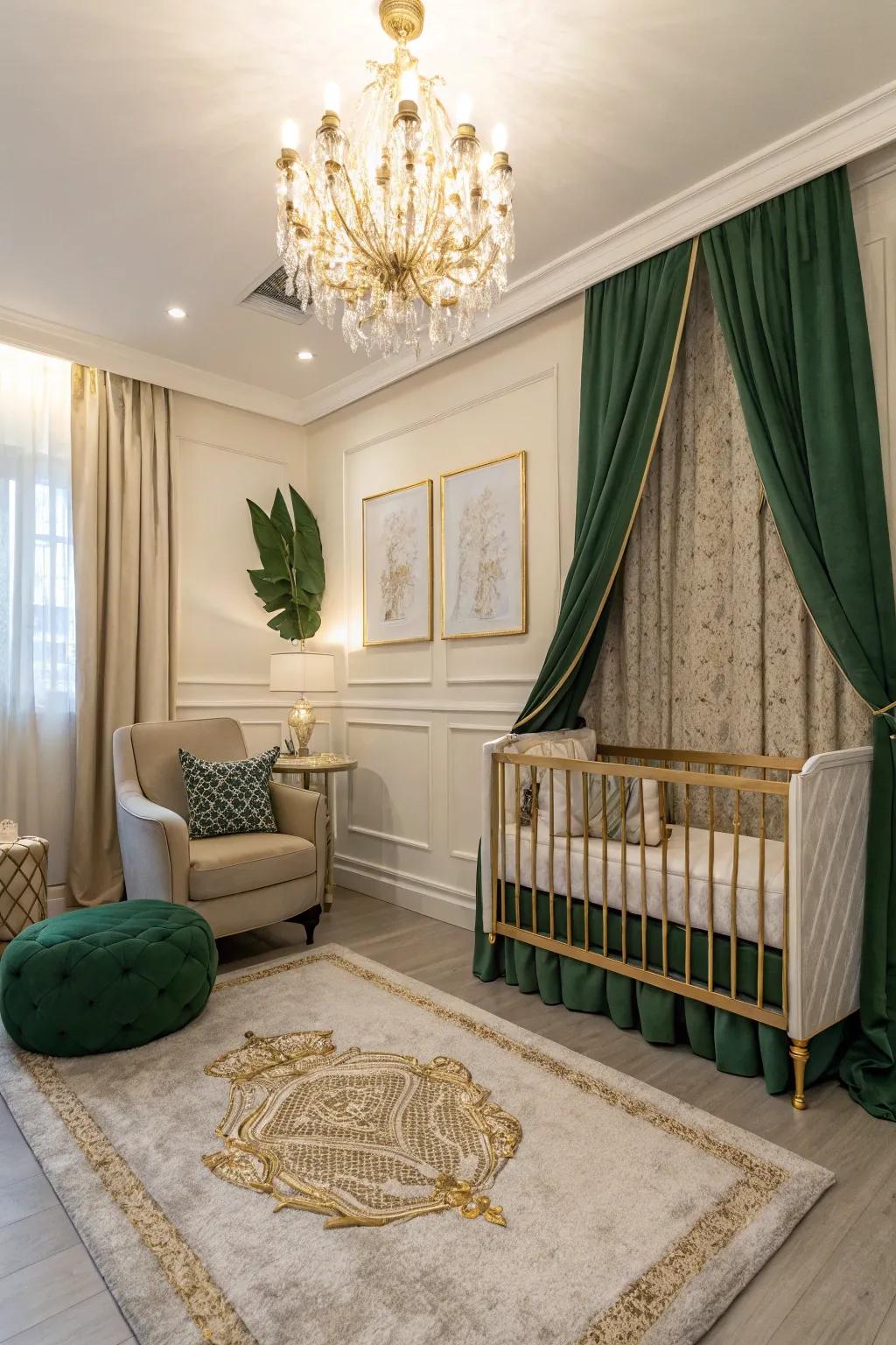 Gold accents bring elegance to the green theme.