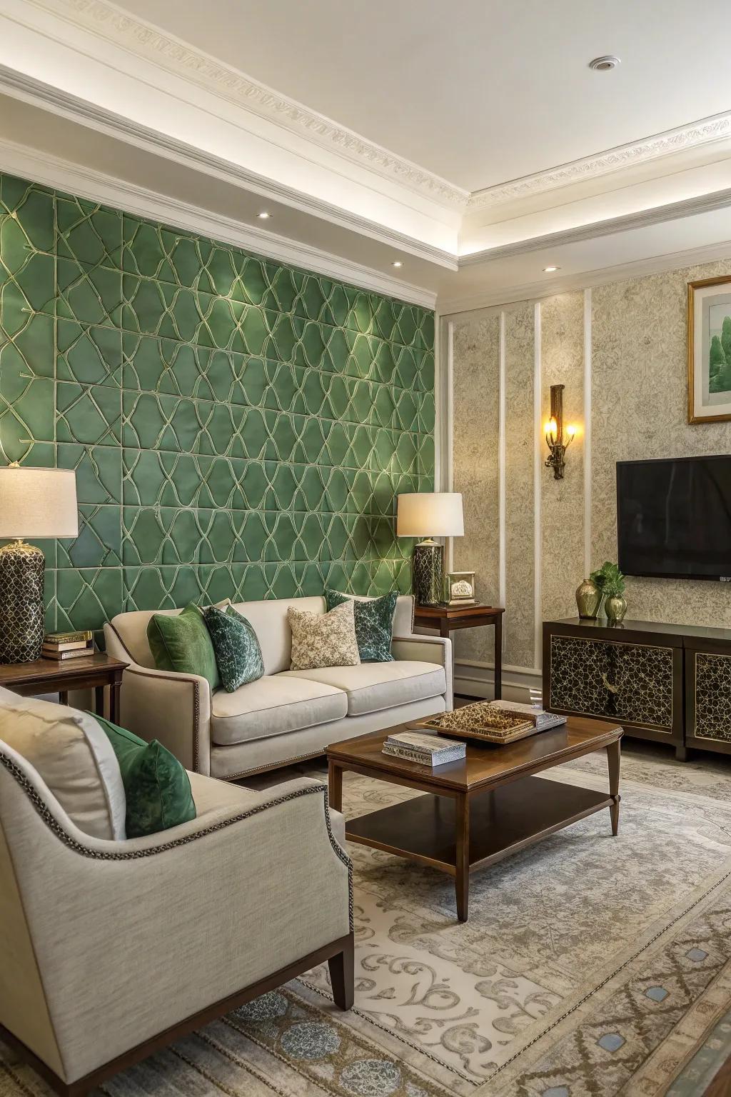 Green tiles inject sophistication and texture into this lounge.