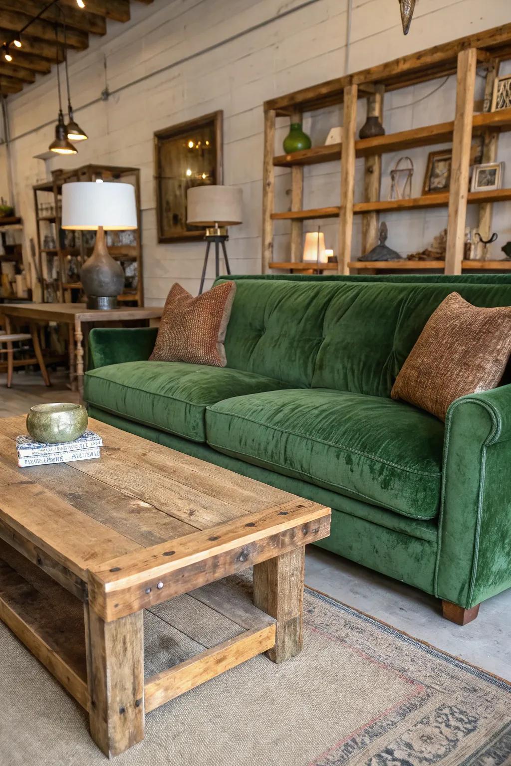 A warm and inviting living space featuring a green velvet sofa and rustic elements.