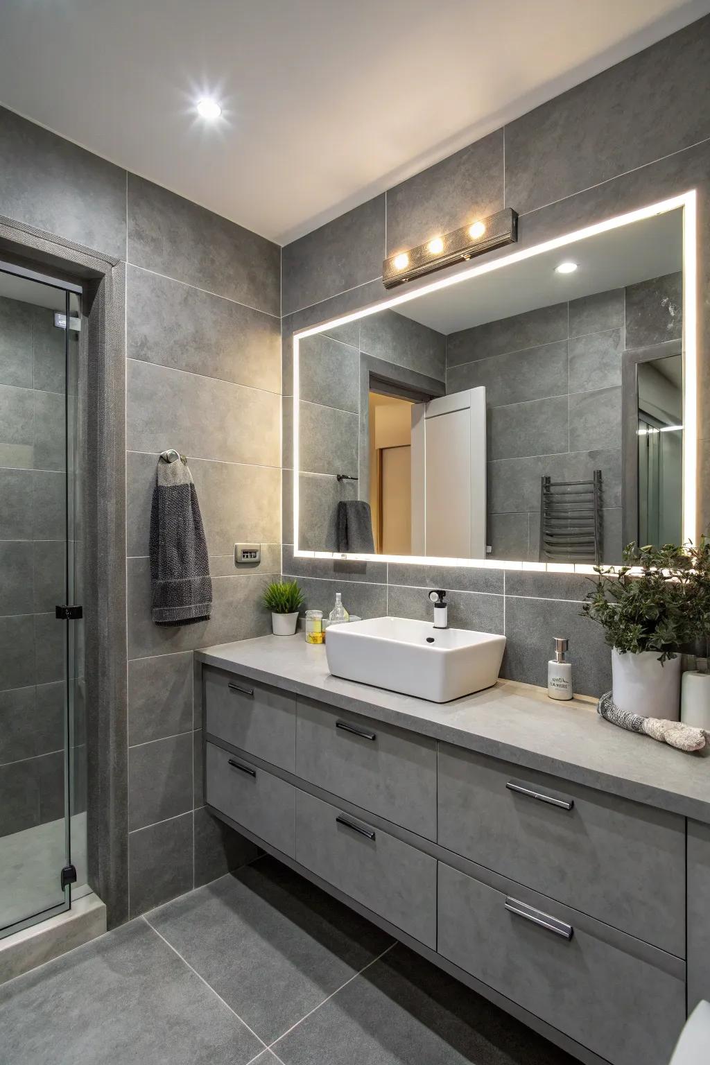 Mirrors enhance light and space in the shale bathroom.