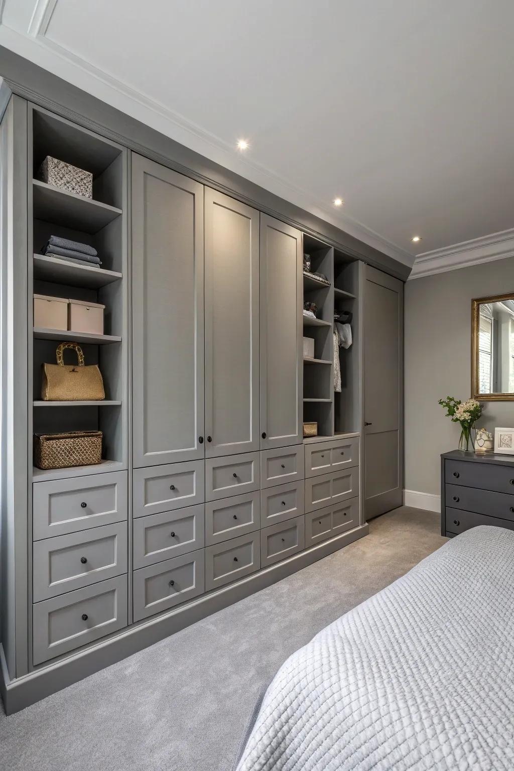 Grey built-ins offer stylish storage solutions.