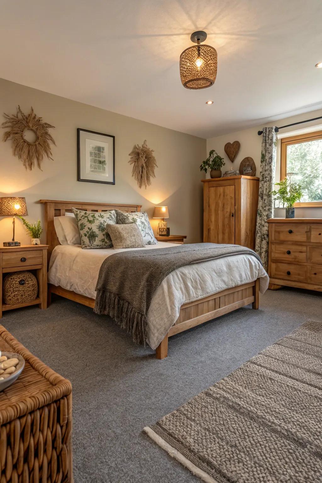Earthy tones complement the grey carpet, promoting a balanced and soothing environment.