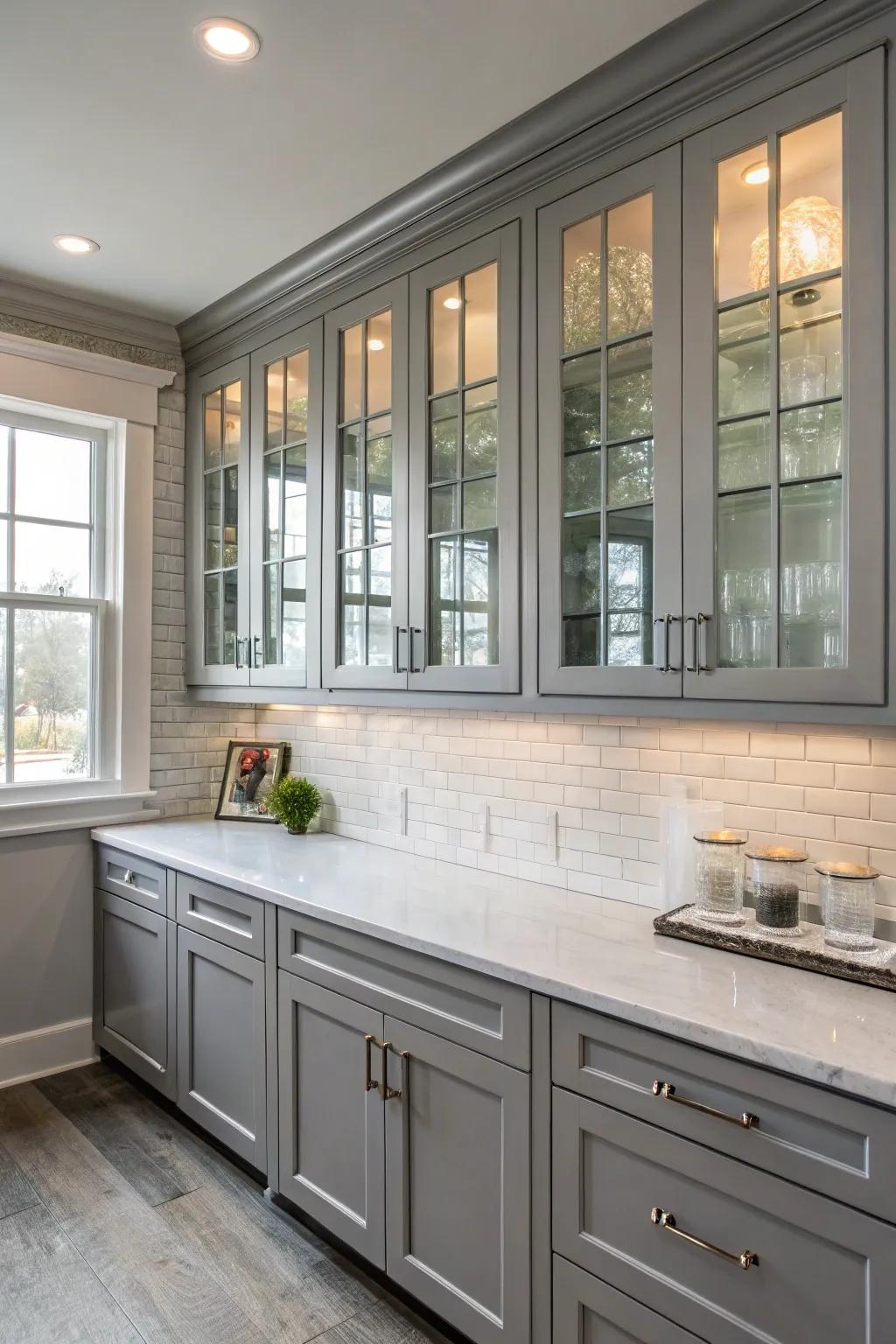 Glass features add elegance and transparency to a grey kitchen.