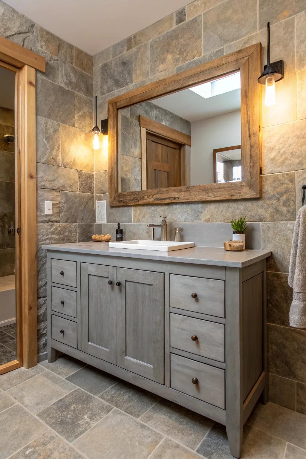 Natural components such as timber and stone add warmth to the grey vanity.