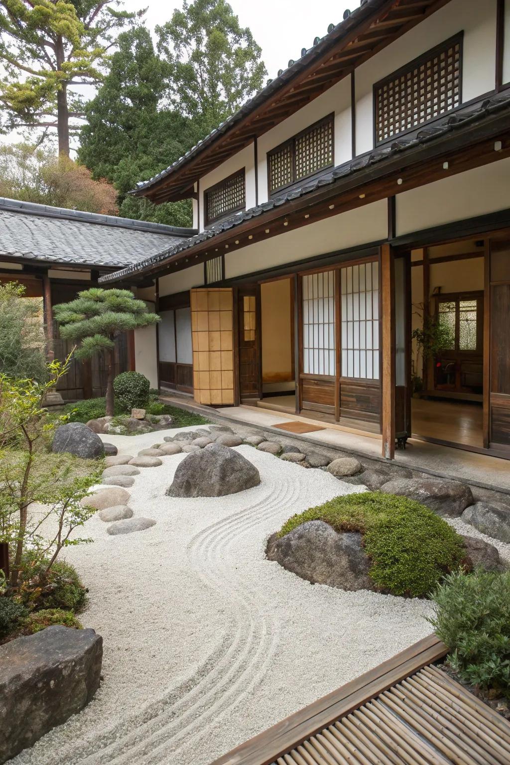 A guest house featuring a tranquil peaceful garden, ideal for relaxation.