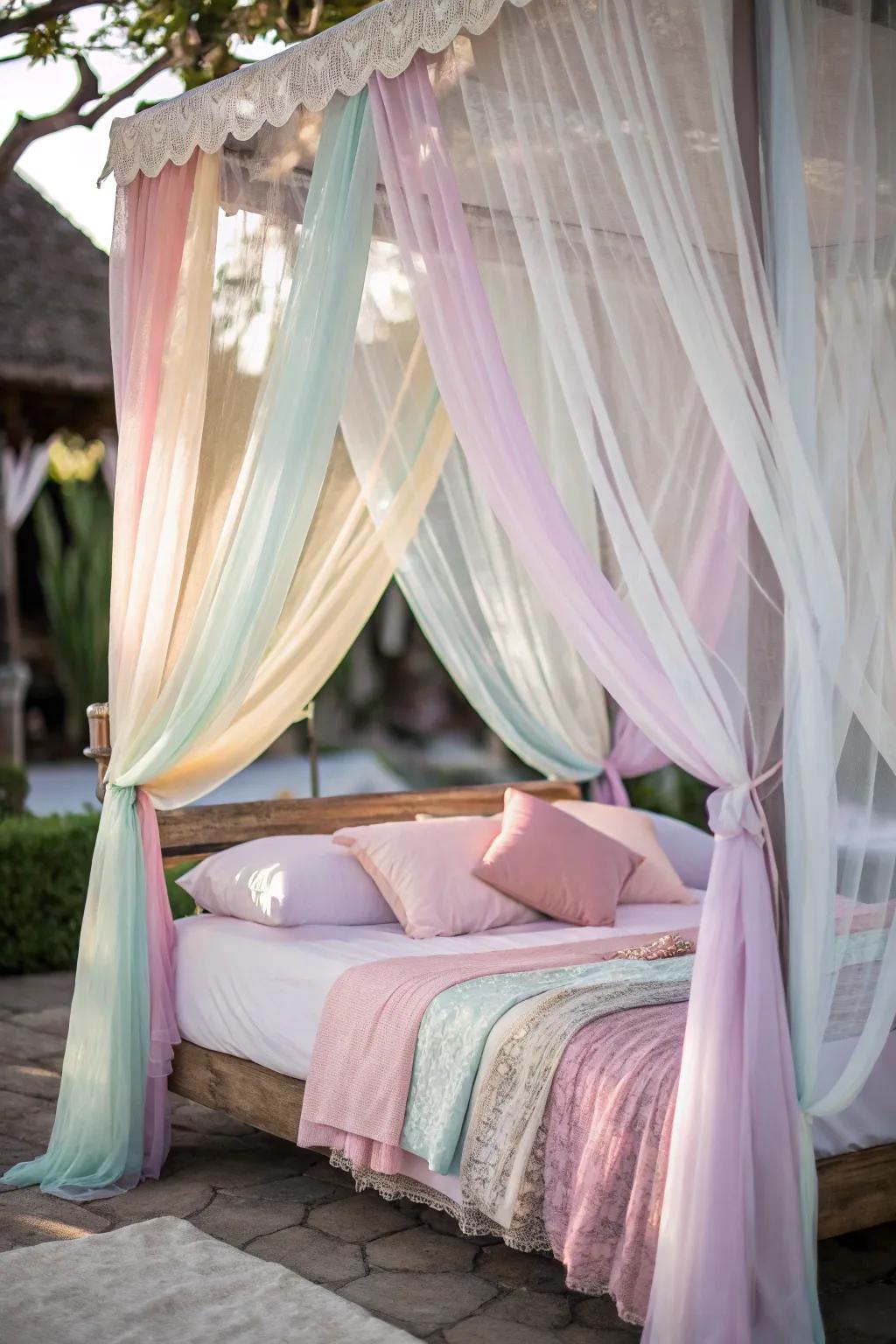 Fantasy canopies create a whimsical sleeping space.