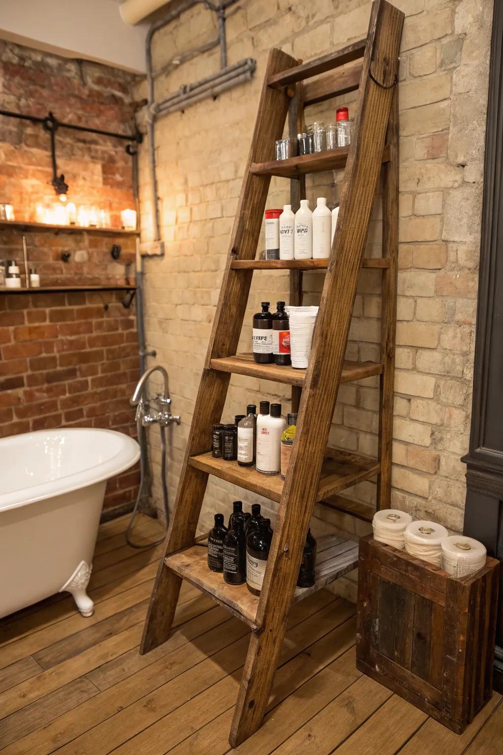 Rustic charm with a repurposed ladder for product storage.