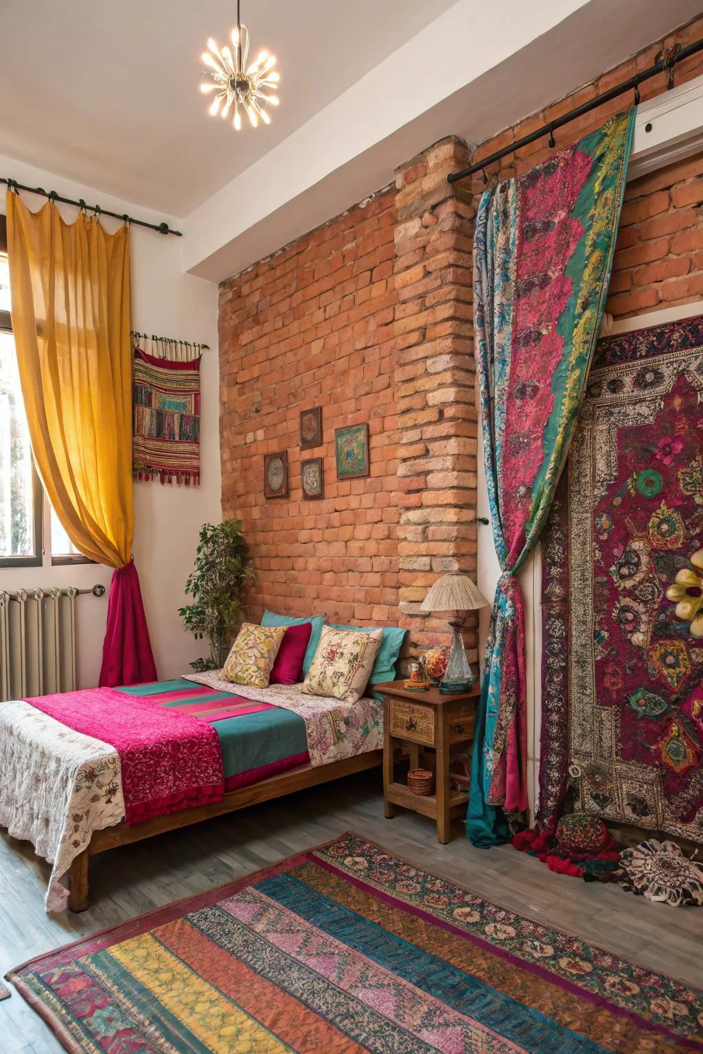 A diverse sleeping quarters showcasing a partially exposed brick wall and vibrant textiles.