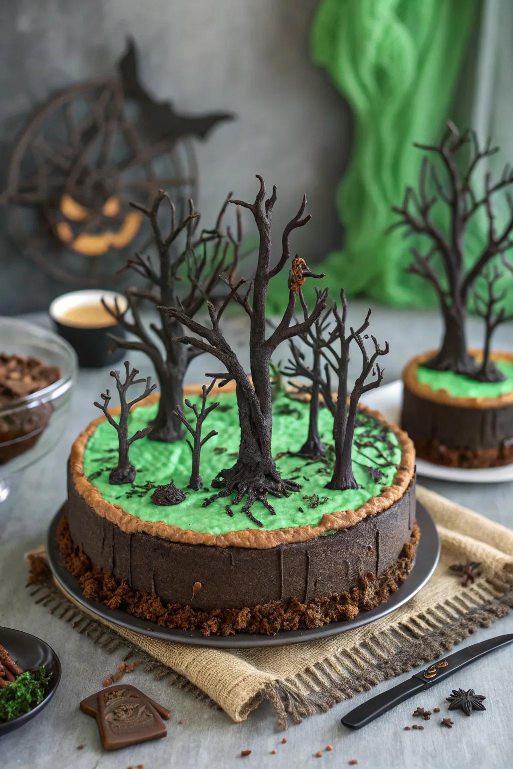 A haunted timberland scene brings an imaginative touch.