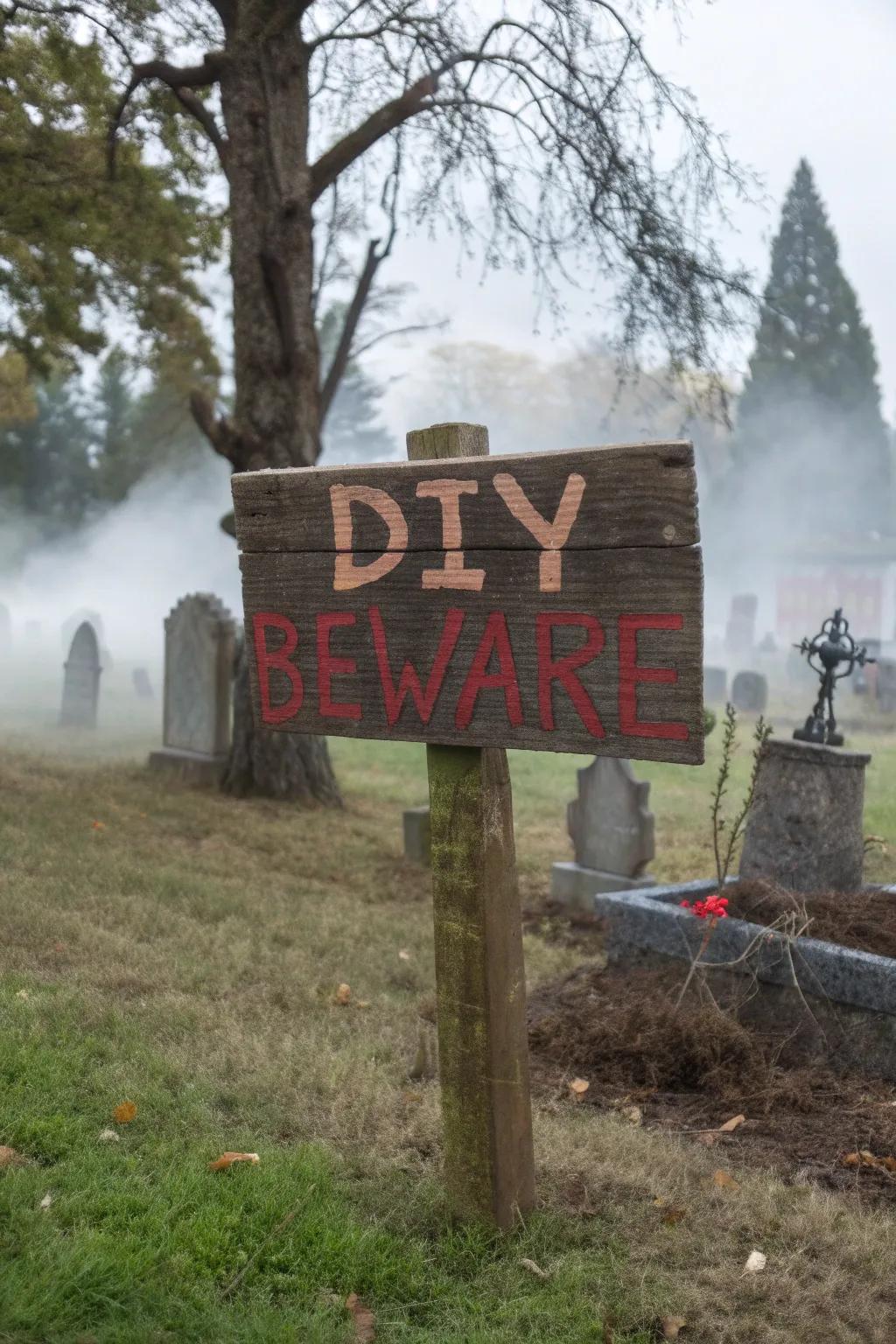 A handmade caution signage imparts a personal touch to your graveyard.