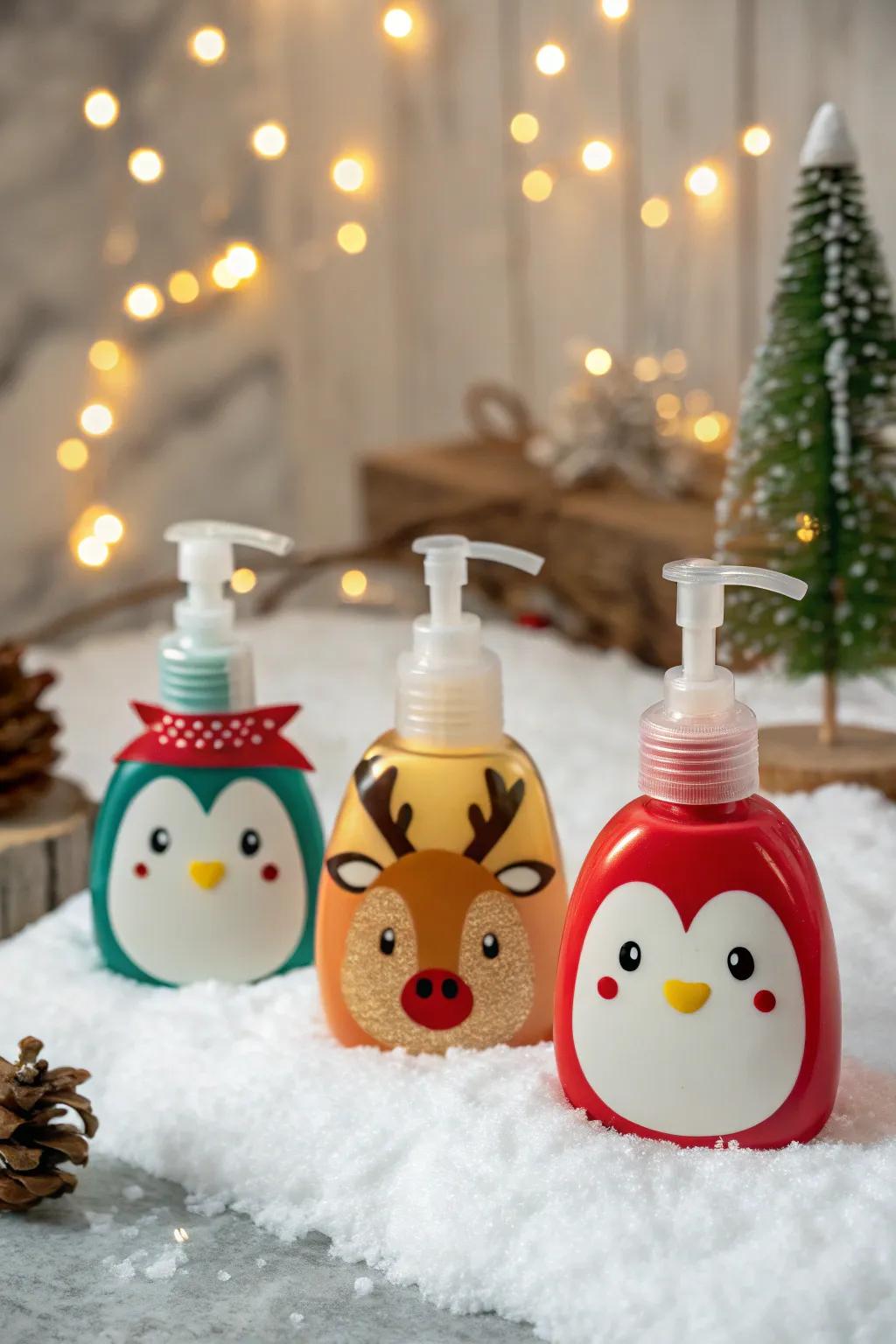 Whimsical creature-shaped liquid soap containers for holiday fun