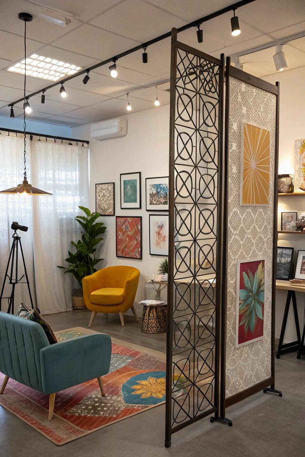 Suspended artistic panels serve dual purposes as ornamentation and divider.