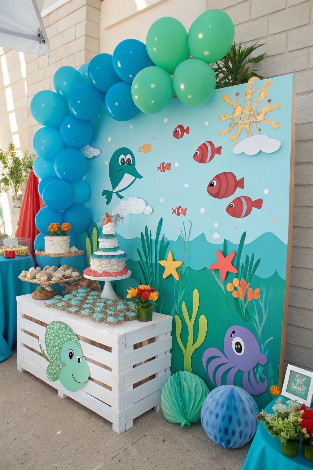 An exciting oceanic realm birthday display full of marine wonders.