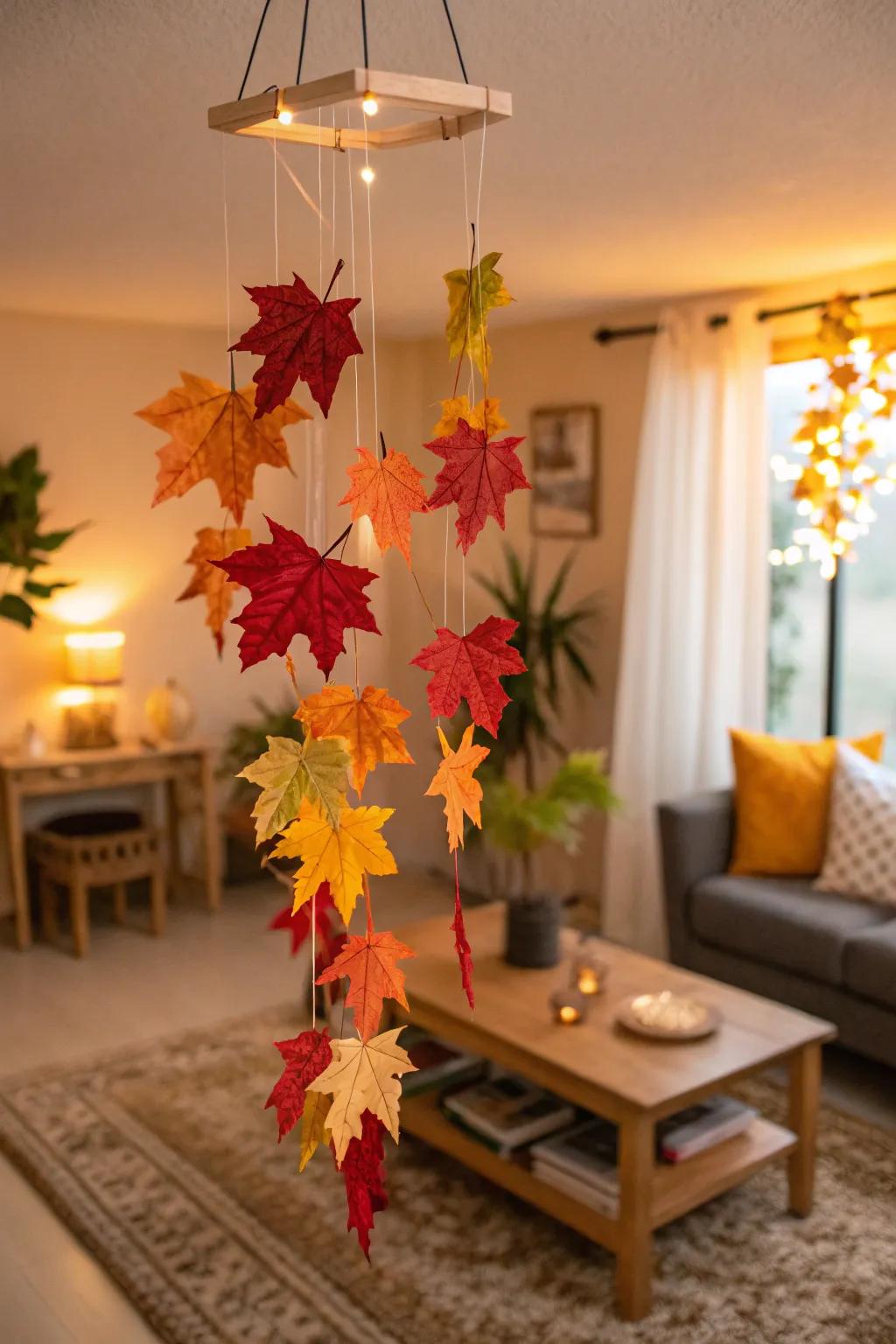 A whimsical autumn foliage mobile bringing movement.