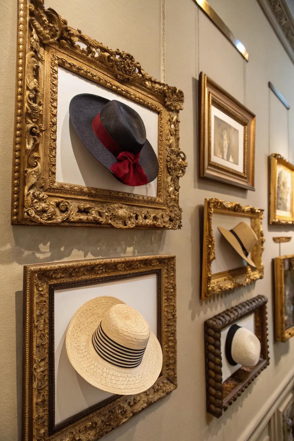 An image frame transfigures your hats into an art exhibit.