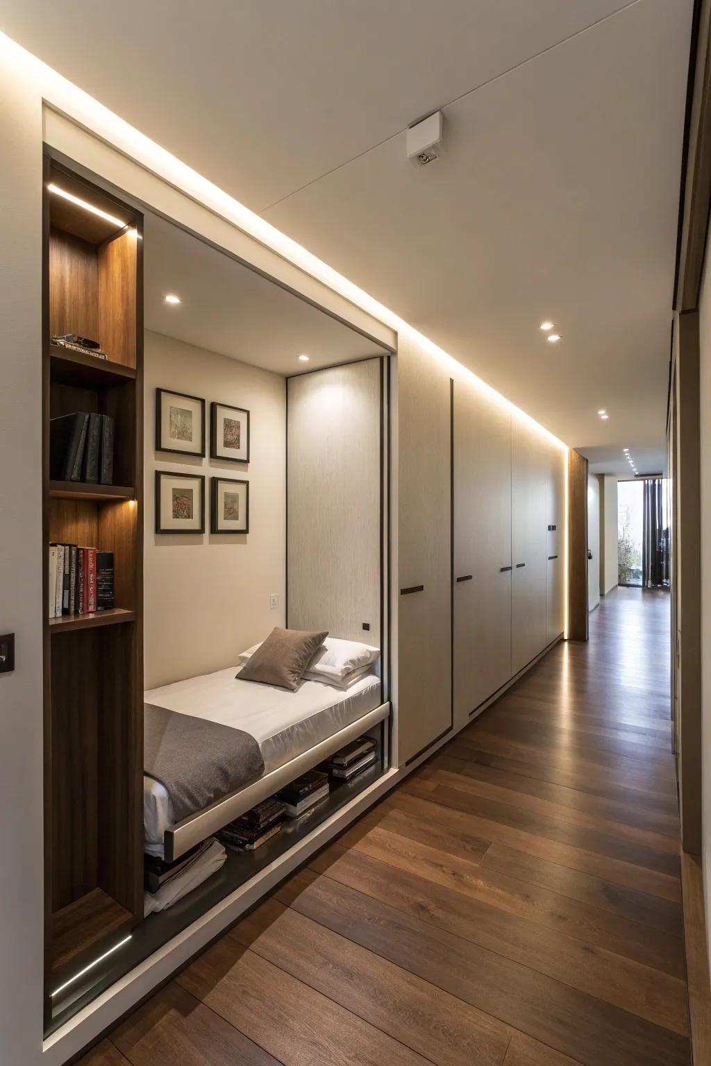 Pull-out bed in a wall alcove for flexible living