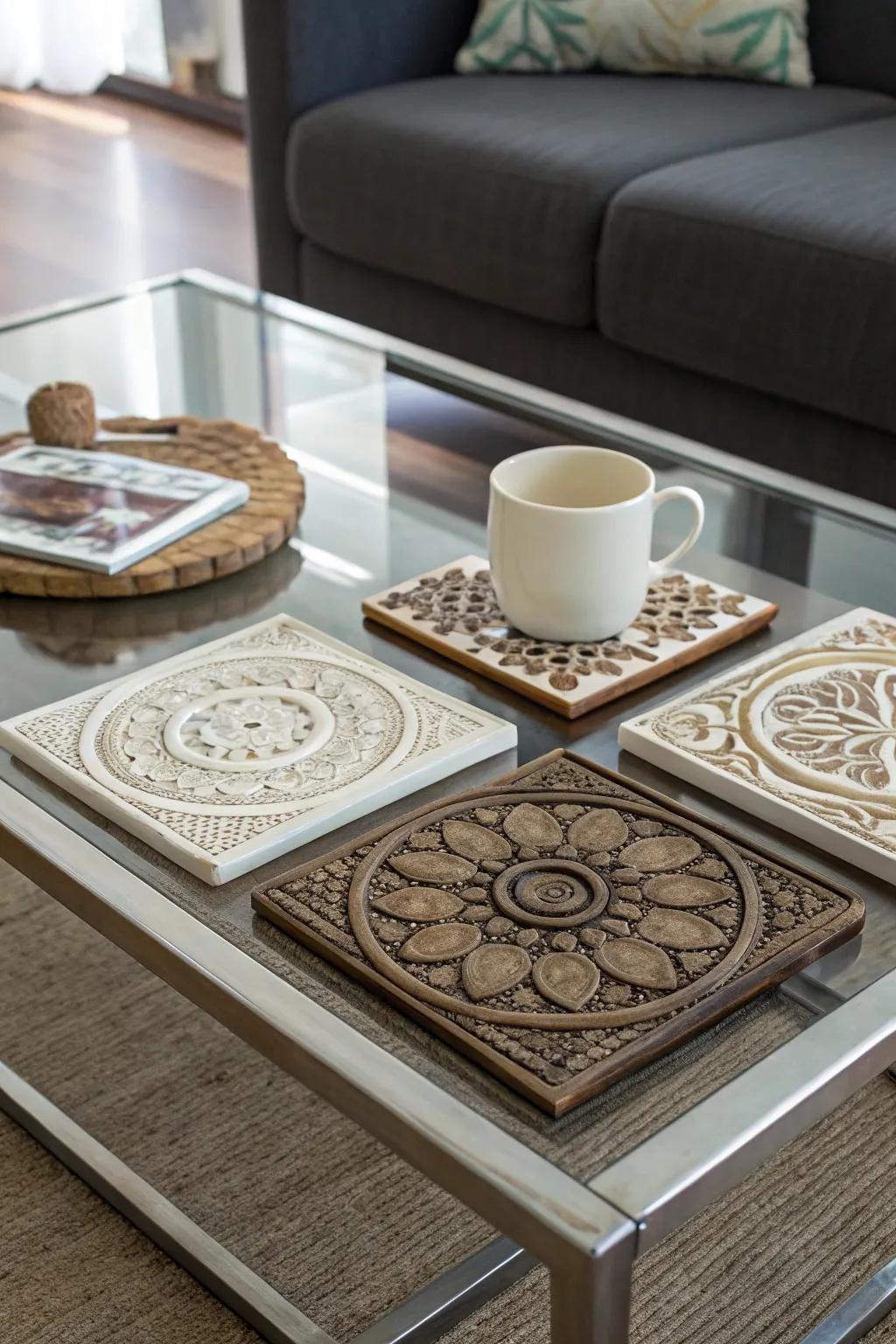 A collection of artistic coasters adding flair to a coffee table.
