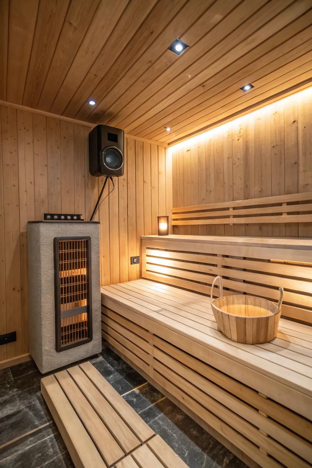 This sauna's peaceful mood is boosted by background music.