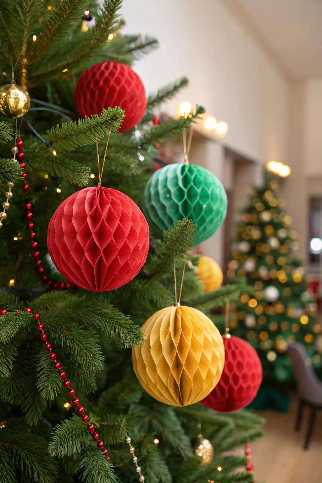 Brightly colored paper cellular sphere decorations adding modern flair to the festive decorations.