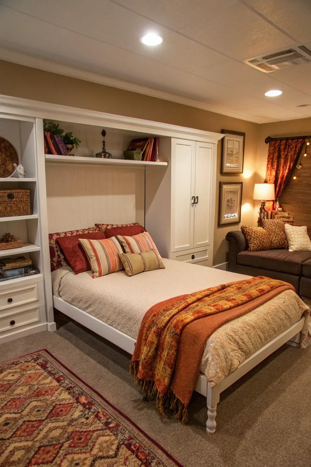 A comfortable cottage-inspired room featuring a wall bed, providing a warm and inviting retreat.