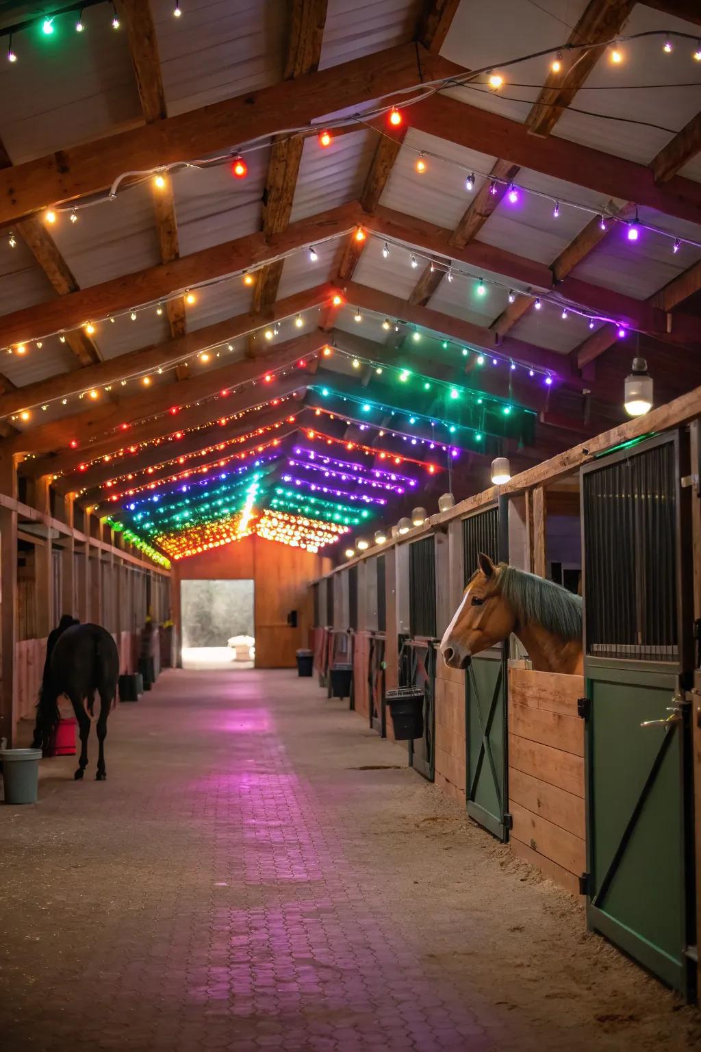Colored LED lights transform the barn for special occasions.