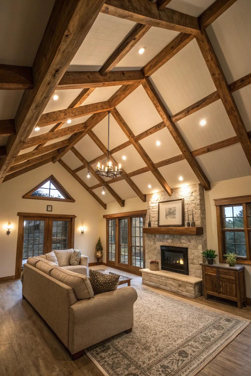 Add character and depth with exposed ceiling beams that stand out. #CeilingDesign #ArchitecturalInterest #HomeInspiration