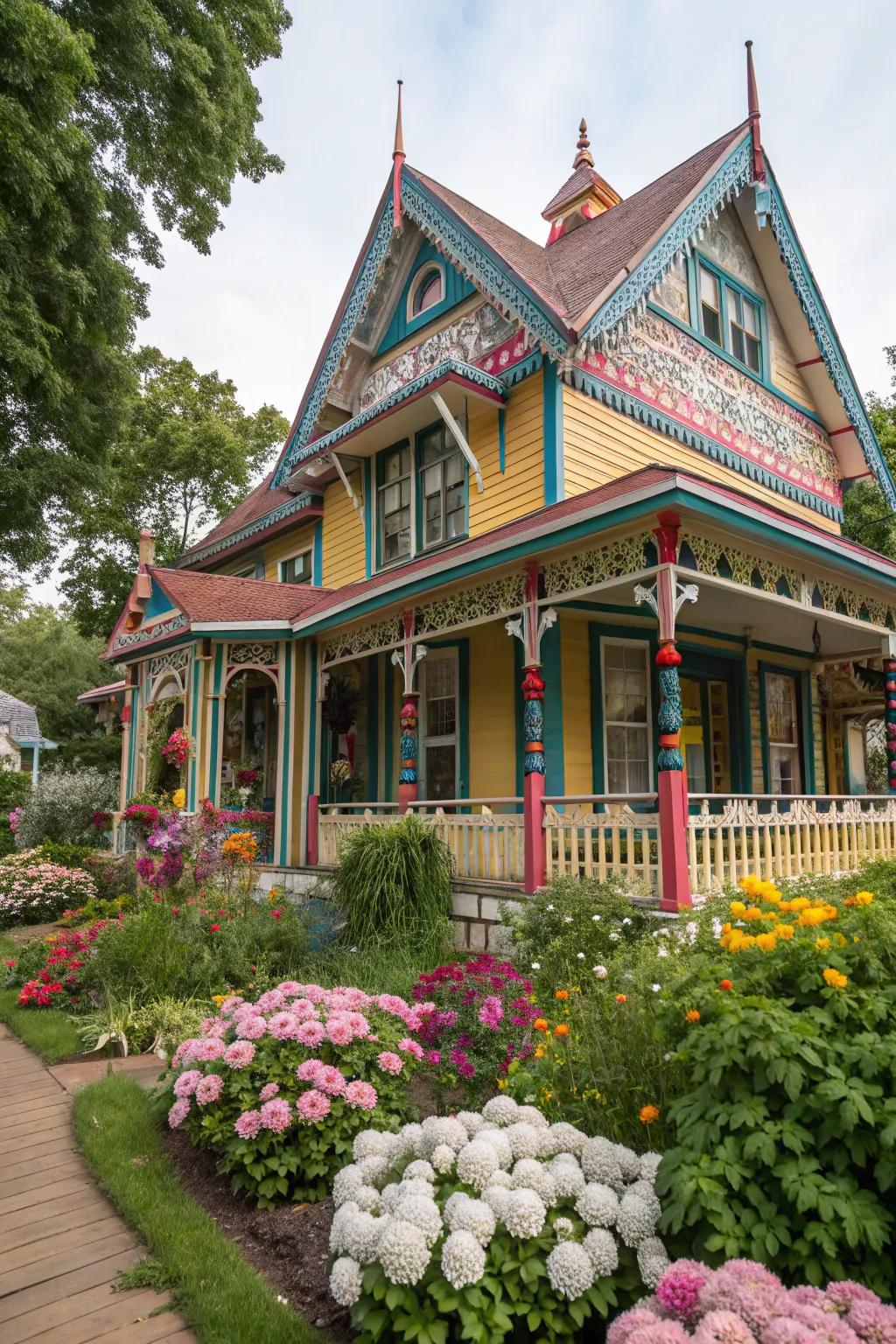 Whimsical trim adds a delightful touch to this colorful home.