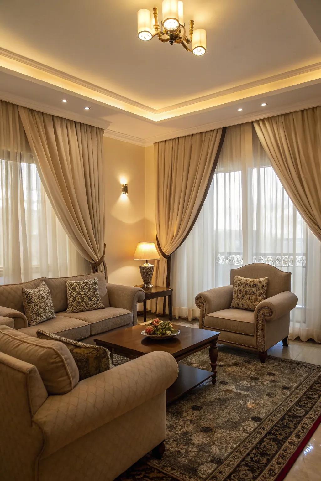 Dual-layered window dressings afford flexibility in regulating illumination and seclusion.