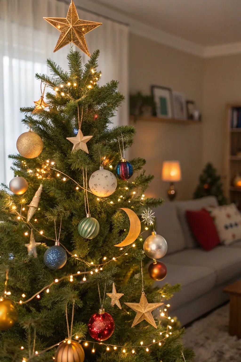 A celestial nighttime-themed Christmas tree inclusive of celestial decorations and twinkling illuminations.