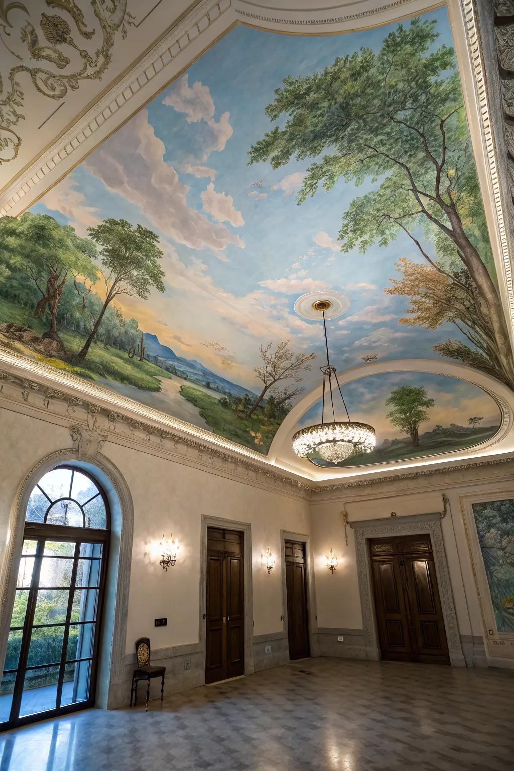 An artistic room showcasing a beautiful hand-painted ceiling mural.
