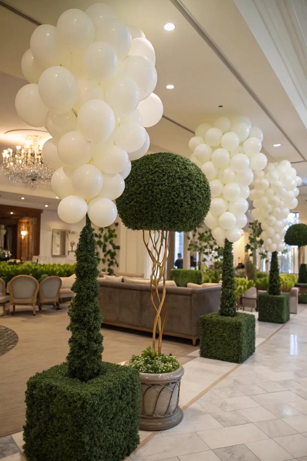 Balloon topiaries contribute garden-like elegance to indoor spaces.