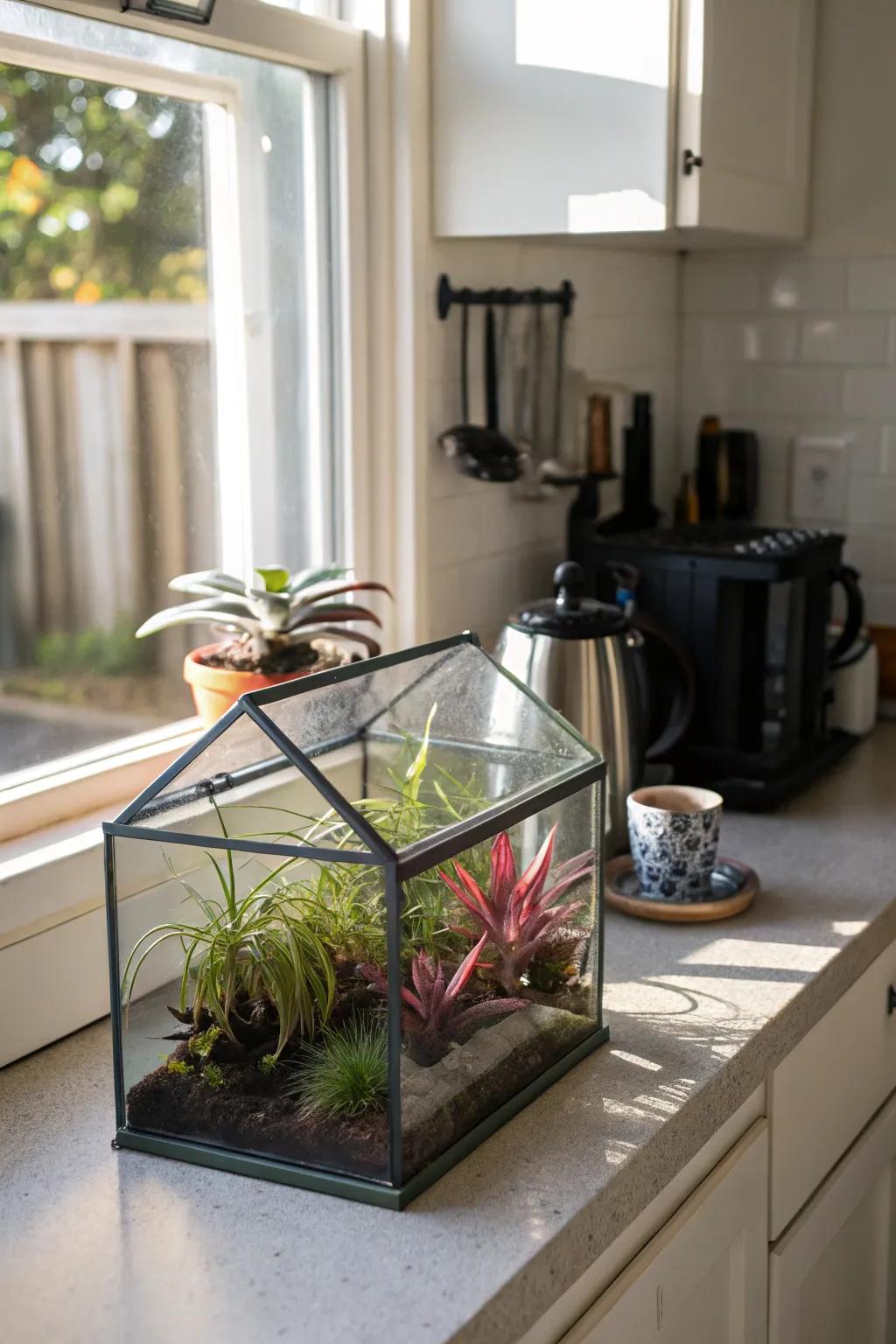 Small glass enclosures with air plants for a tabletop garden.