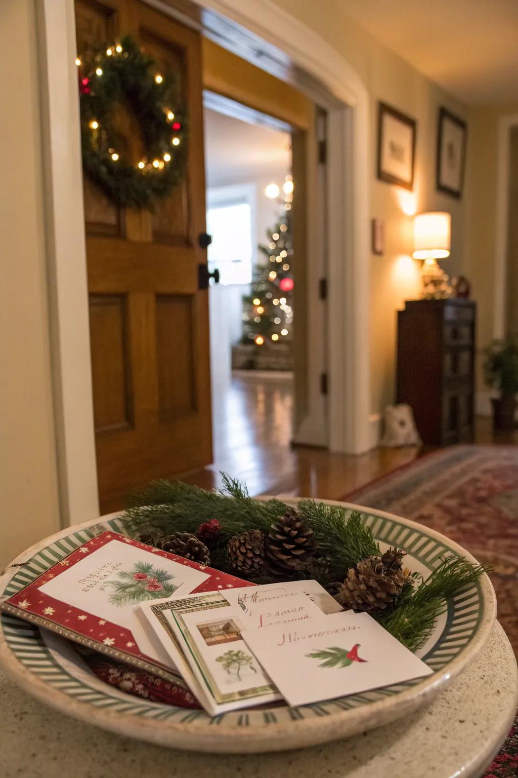 A festive serving dish display welcomes guests with holiday cheer.