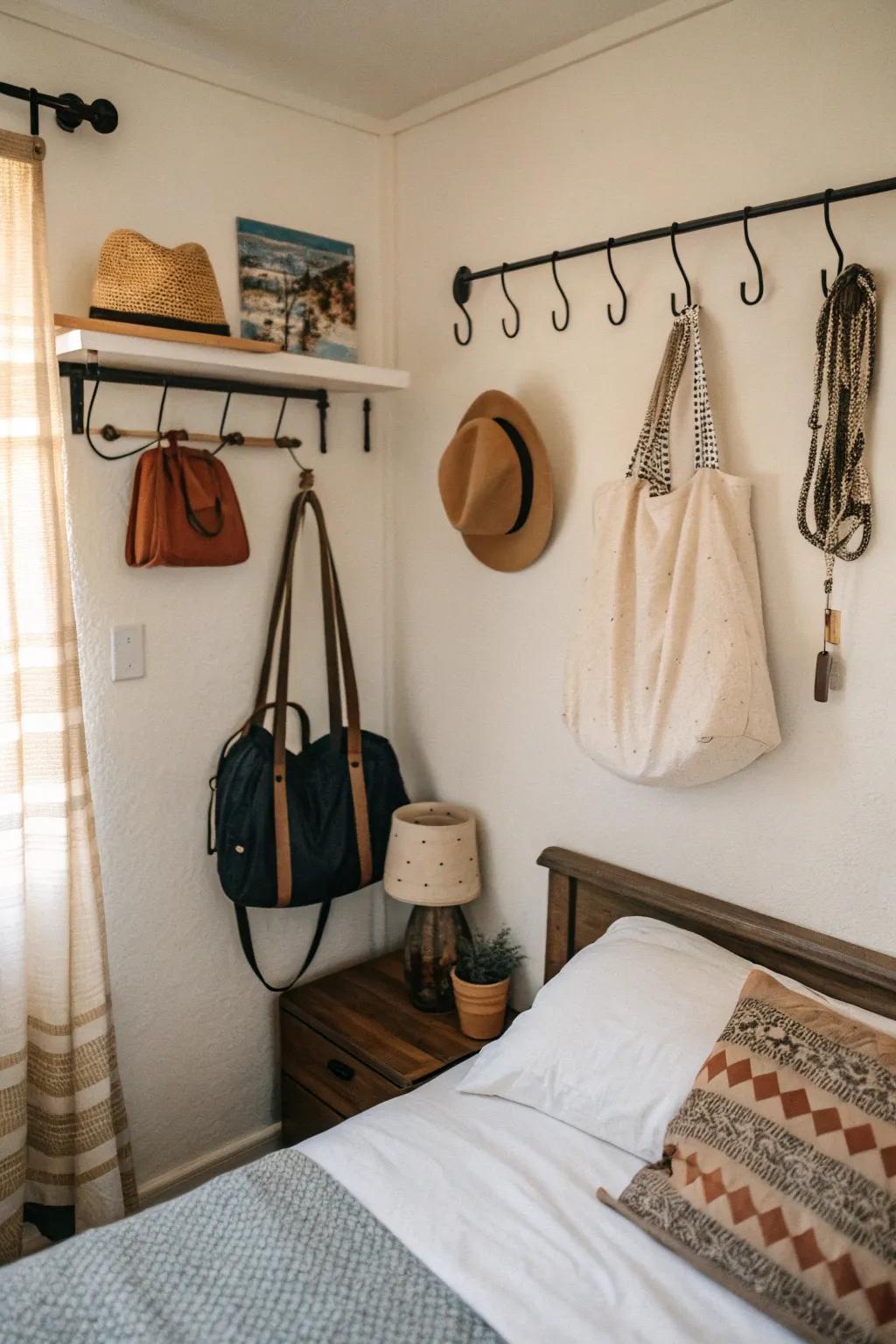 Hooks providing easy hanging storage.