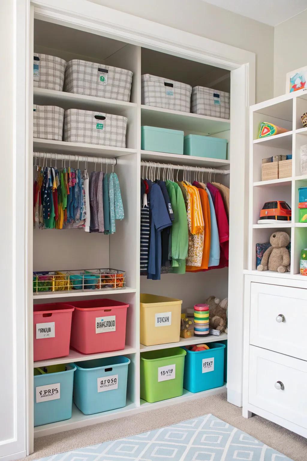 Labeled storage helps maintain a child's room organized.