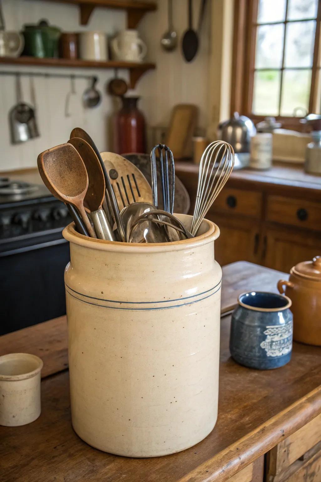 Antique stoneware adding uniqueness to tool storage.