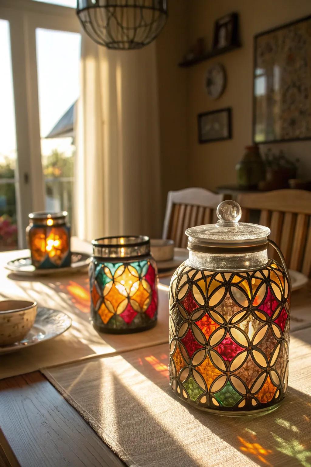 Stained glass effects create a colorful and radiant display.