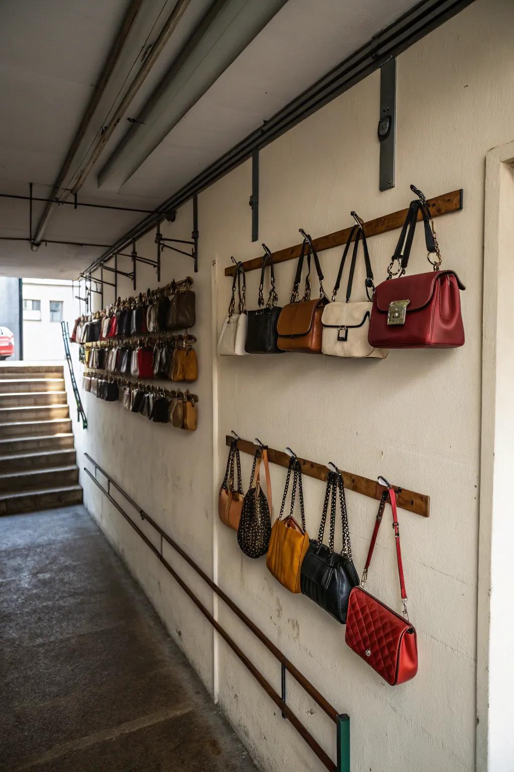 An unused corner transformed into a chic purse nook.