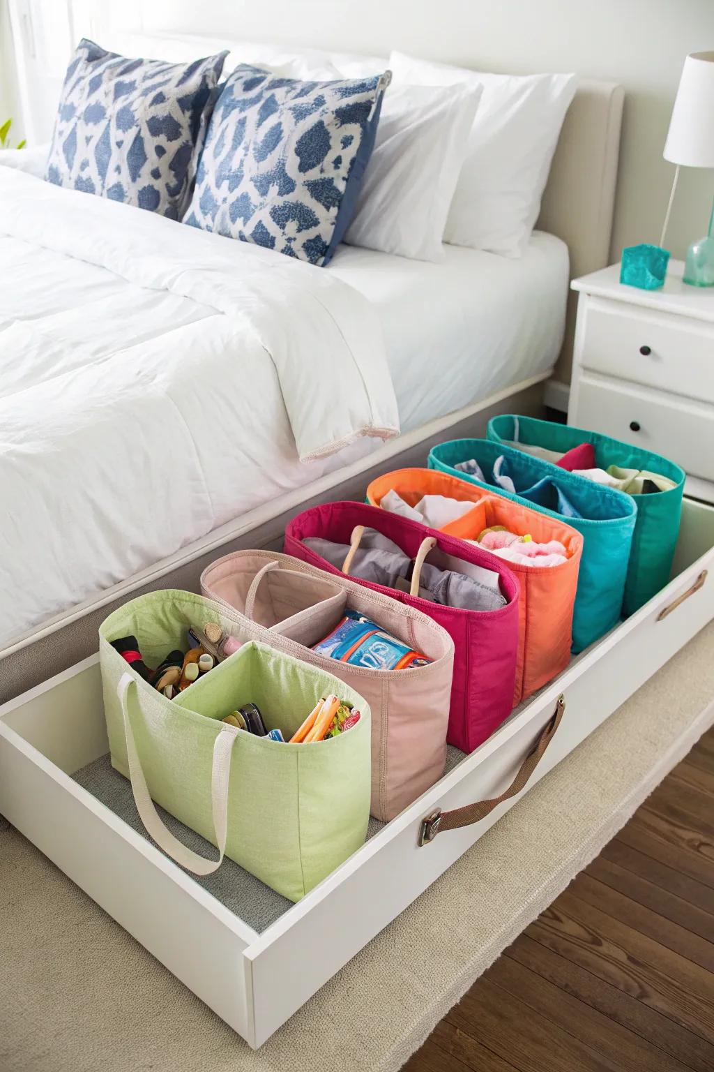 Under-bed storage keeps carryalls hidden yet accessible.
