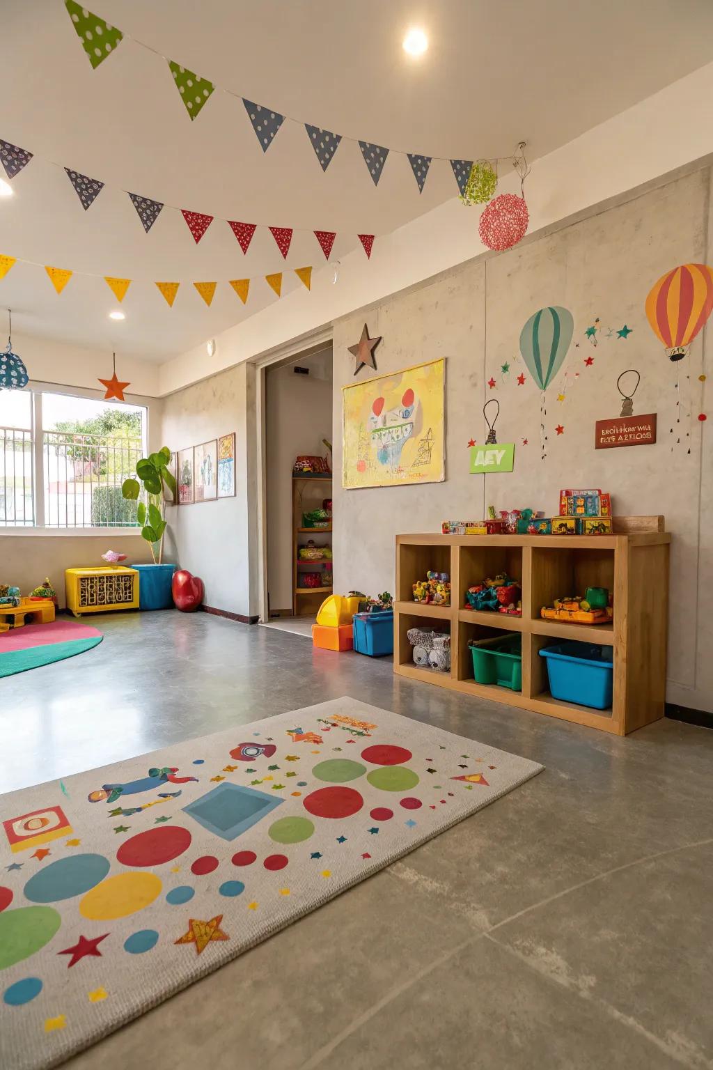 Painted concrete floors contribute fun and character.