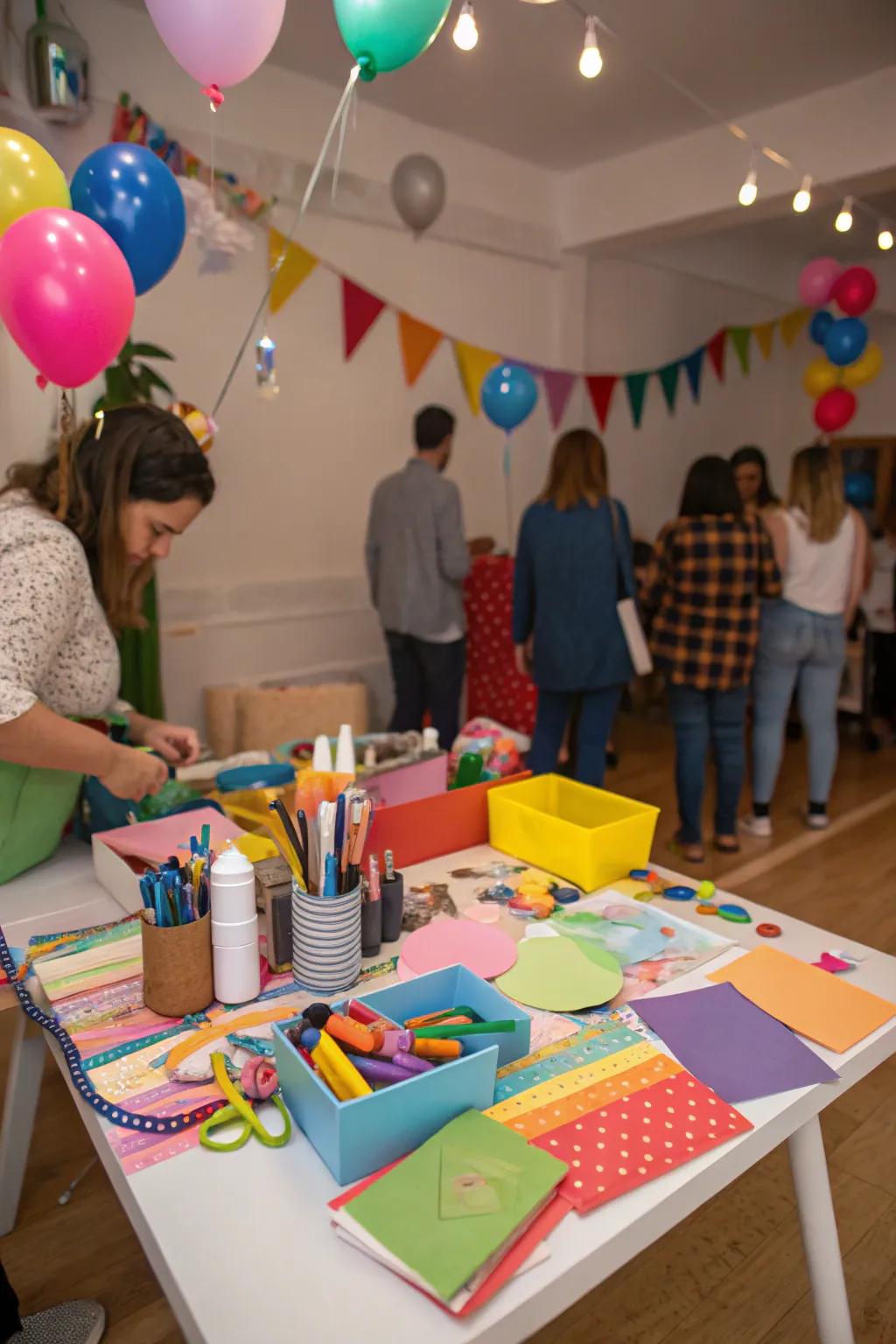 A creative indoor celebration featuring a DIY craft corner.