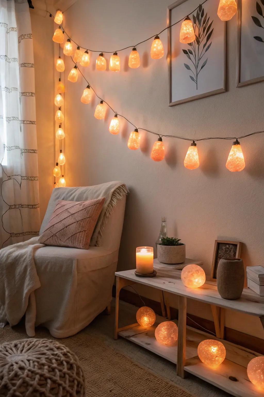 Himalayan salt fairy lights create a soothing atmosphere.