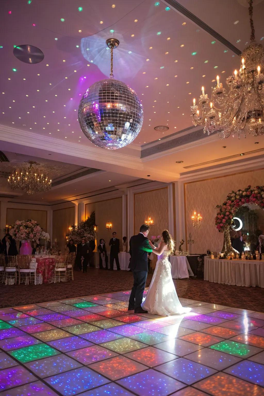 Disco ball adds glitz and sparkle to the wedding dance floor.