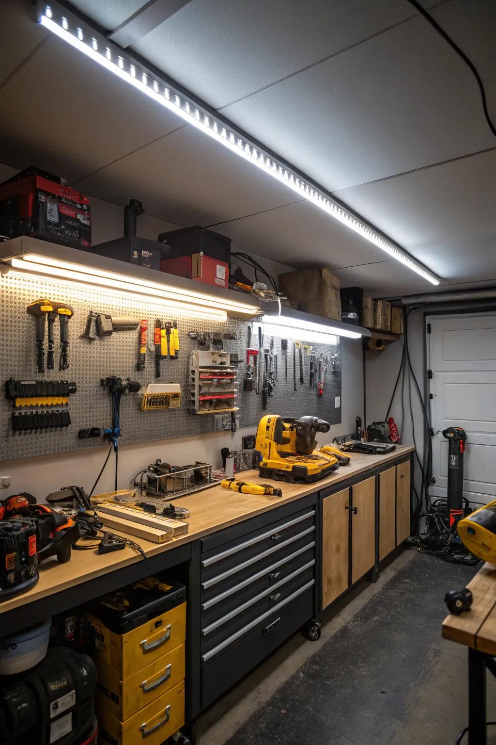 Productive garage workshop enhanced with LED strip lighting