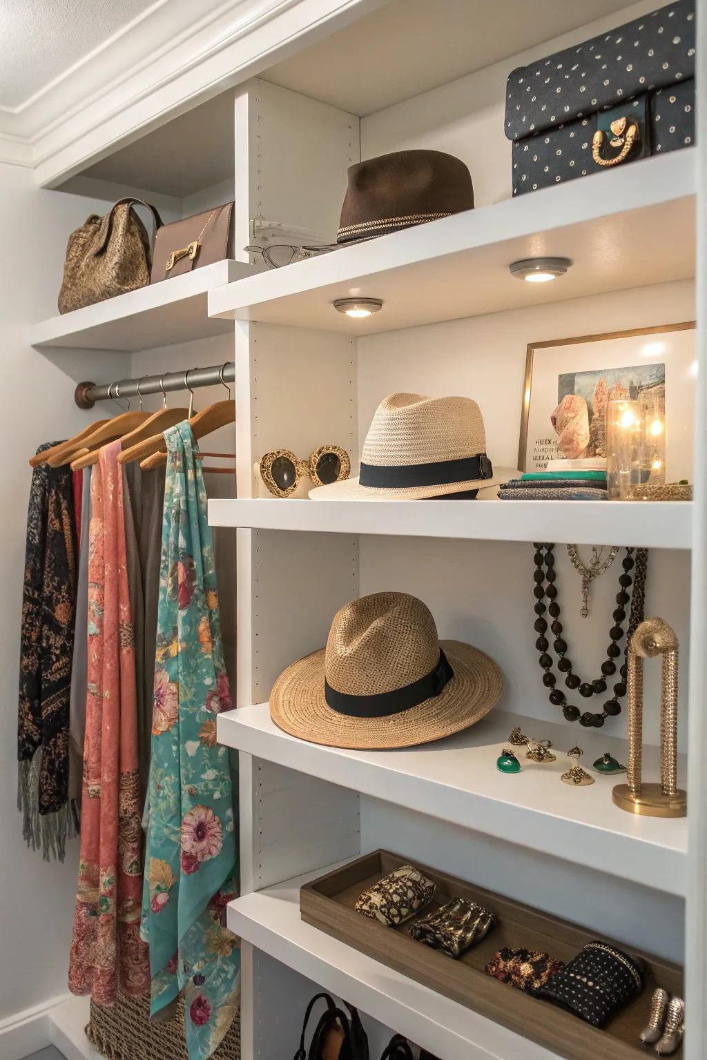 Add a chic display area with stylish floating shelves in your closet.